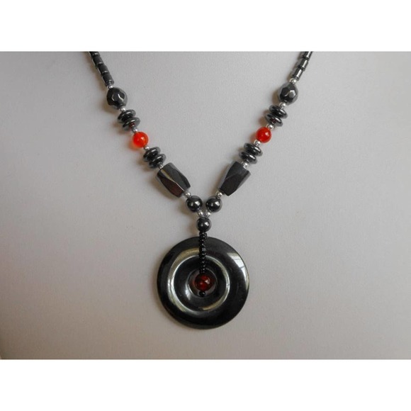 Vintage Hematite & Red Jasper Necklace Donut Pendant 18" - Picture 8 of 8